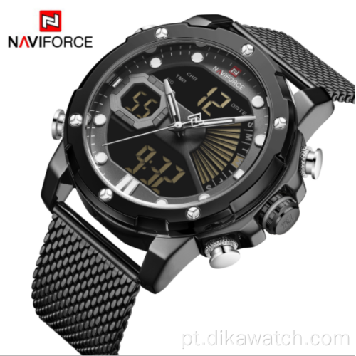 NAVIFORCE 9172S Pulseira de aço da moda com tela dupla Relógio masculino à prova d&#39;água para estudantes Relógio eletrônico para estudantes